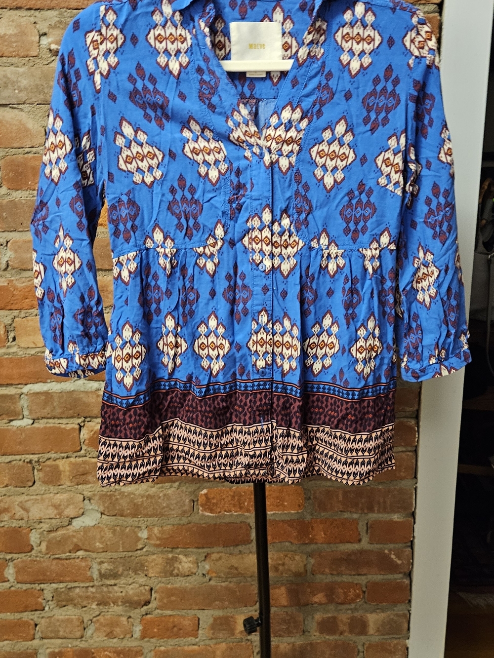 Maeve By Anthropologie Blue. Burgundy & Cream Printed Peasant Top
